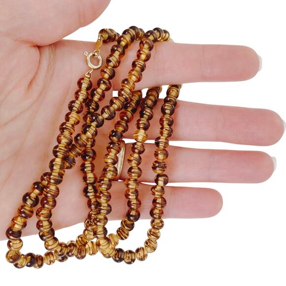 VTG Signed Vogue 50s 60s Striped Warm Amber Glass Bead Necklace 30" Matinee MCM - Picture 2 of 10